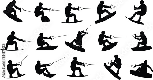 Wakeboarding athlete silhouettes set showing extreme water sports tricks jumps and dynamic poses isolated on white background for design use