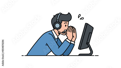 Stressed Call Center Operator Overwhelmed by Computer Screen and Customer Service Demands