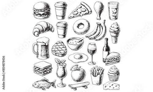 Fast Food Icons Set Burger Pizza Fries Donut Coffee Junk Food Vector Illustration