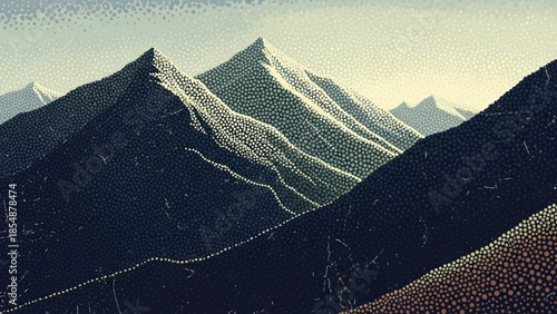 Pointillist mountain landscape with rugged peaks, misty atmosphere, and serene natural beauty, evoking sense of adventure and tranquility in a scenic range