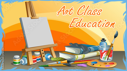 Flat illustration of art class education concept with canvas, paints, brushes, books