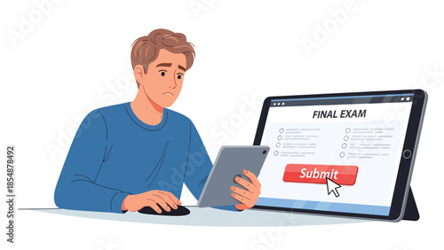 Frustrated Student Submitting Final Exam Online via Tablet and Computer Overwhelmed Learning Stress Concept