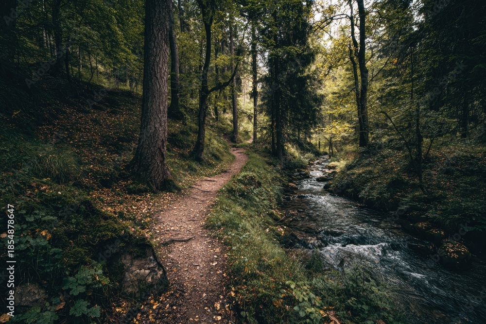 Obraz premium A winding dirt path meanders through a dense forest alongside a flowing stream, with trees creating a green canopy