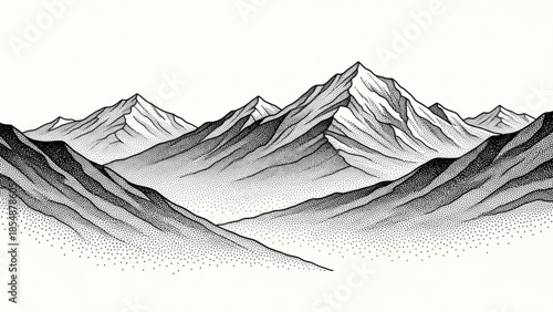 Illustration of majestic mountain range with snow capped peaks and detailed shading in black and white