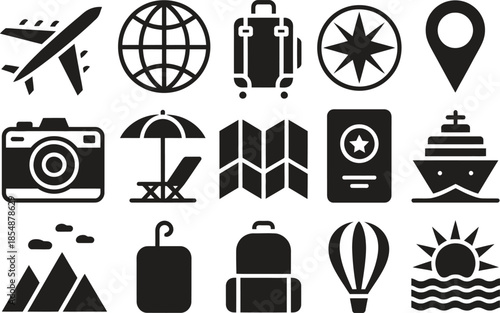 Travel navigation icon set, tourism location and transport symbols, flat black vector illustration isolated on white background
