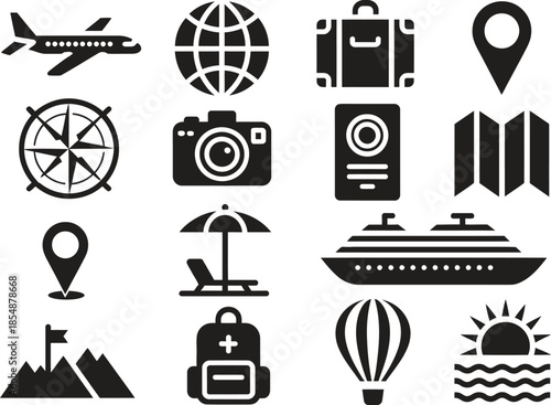 Travel icon set, tourism navigation and vacation symbols, flat black vector illustration isolated on white background