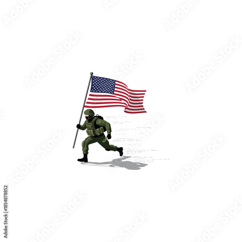 American Soldier Carrying Flag While Running.