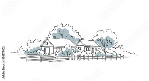 A peaceful countryside scene sketched in black line art, featuring cozy rural houses, trees, and a wooden fence for a rustic feel.
