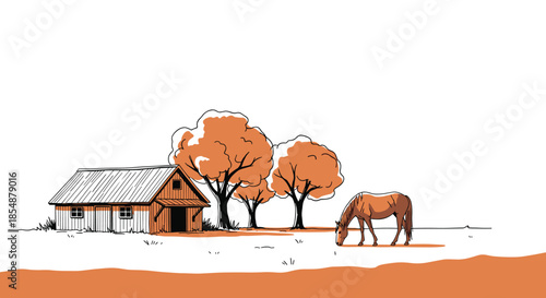 A rustic farm scene drawn in a sketch style, featuring a horse grazing peacefully near a wooden barn and autumn-colored trees.