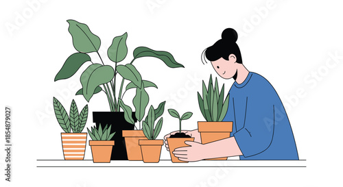 A flat design illustration of a woman tending to her collection of potted houseplants, showing care and a passion for indoor gardening.