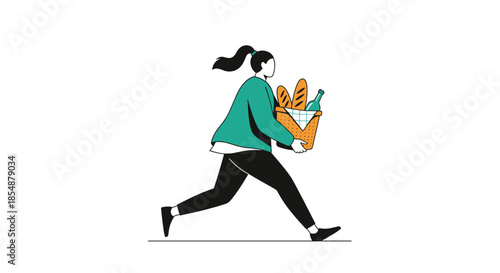 A dynamic flat illustration of a woman running or walking quickly, carrying a basket full of fresh bread and a bottle of wine.