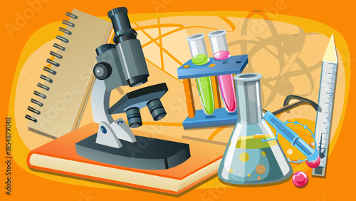 Flat vector illustration of science school tools, microscope, test tubes, beaker, pencil