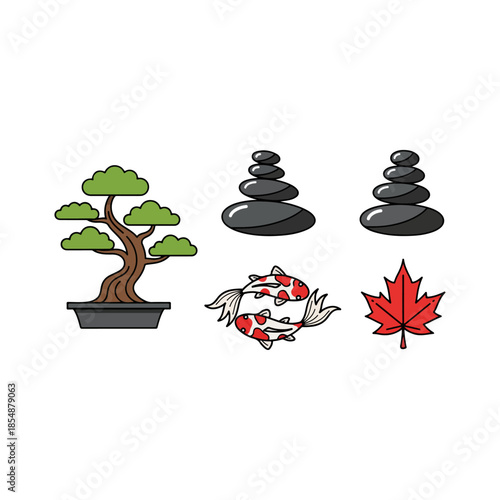Bonsai Tree with Zen Stones Koi and Maple Leaf.