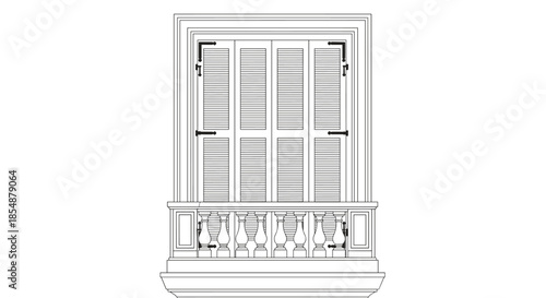 A detailed black and white line art drawing of a classic European-style balcony with closed wooden shutters and ornate railings.
