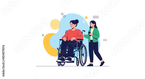 A flat vector illustration of a young woman pushing an older woman in a wheelchair, showing care, support, and assistance for disabled people.