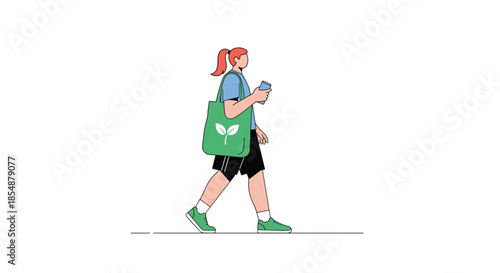 A simple illustration of a young woman walking while carrying a green reusable tote bag with a leaf and recycle symbol.