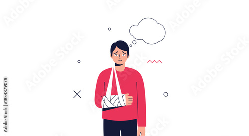 An illustration of a sad young man with his arm in a cast and sling, with a thought bubble above his head.