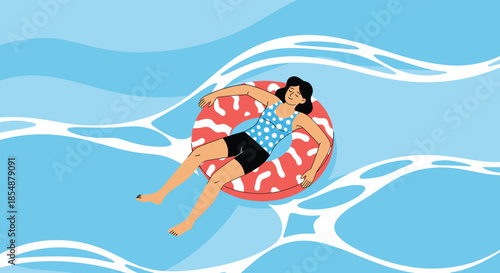 A woman in a swimsuit floats peacefully on her back in a red inflatable ring, relaxing in the calm, blue water.