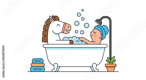 A whimsical cartoon illustration of a person taking a bubble bath in a vintage tub with a friendly horse companion.
