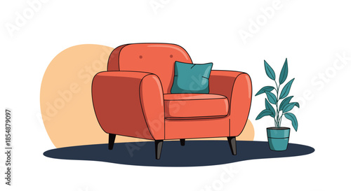 A cozy interior scene featuring a comfortable red armchair with a blue pillow next to a leafy green houseplant in a pot.
