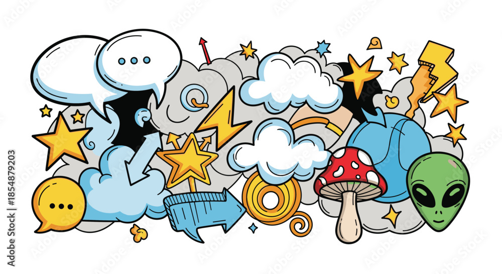 Naklejka premium Vibrant and chaotic doodle collage featuring a mix of cartoon elements like an alien head, clouds, stars, lightning bolts, and speech bubbles.