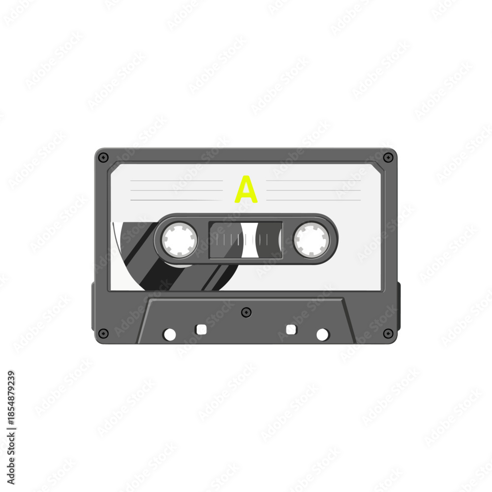 Naklejka premium Compact cassette tape showing magnetic reels.