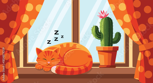 Cute ginger tabby cat sleeping peacefully on a sunny windowsill next to a flowering cactus, with orange polka dot curtains framing the scene.