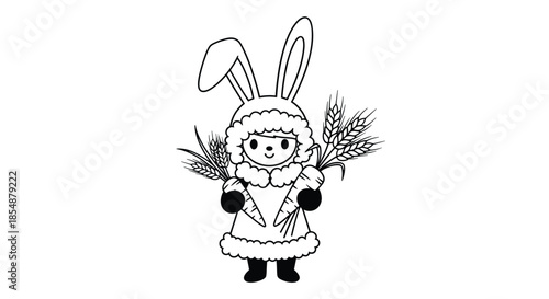 Black and white line art of an adorable anthropomorphic rabbit character in a fluffy winter coat, holding a harvest of carrots and wheat.