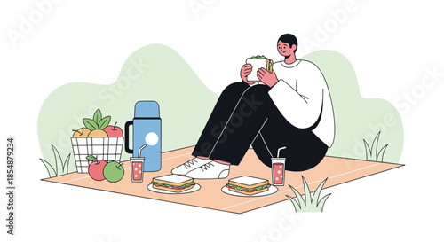 Young man enjoying a relaxing picnic alone in a park, sitting on a blanket and eating a sandwich with a basket of fresh fruit nearby.