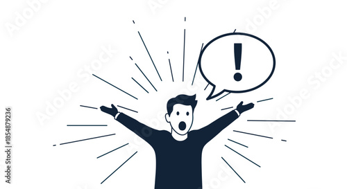 Silhouette of a person having a eureka moment with an exclamation mark in a speech bubble, symbolizing a great idea or sudden insight.