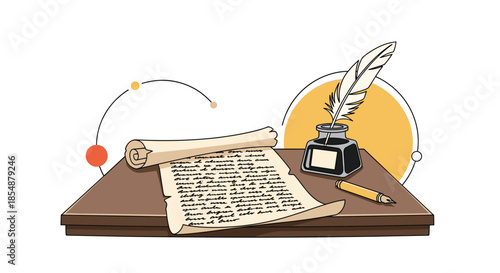 Vintage-inspired illustration of a classic writing desk with a quill pen, an inkwell, and a handwritten letter on aged parchment paper.