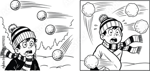 Boy surprised by flying snowballs during a winter fight