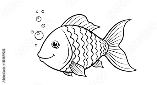 Simple black and white line art illustration of a happy, smiling fish blowing bubbles, perfect as a coloring book page for children.