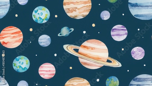 Watercolor illustration of planets and stars on dark blue background