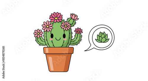 Adorable kawaii cactus with a happy smiling face and pink flowers, potted and thinking about a small succulent in a speech bubble.