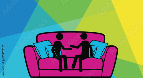 Two simple stick figures sitting on a bright pink couch and shaking hands, representing an agreement, interview, or therapy session.