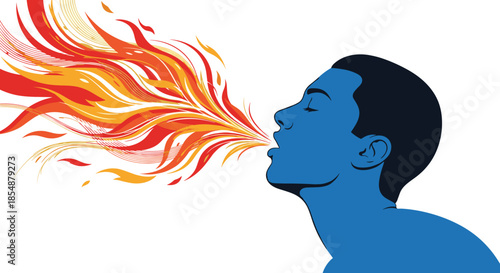 Stylized illustration of a person's profile in blue tones, powerfully breathing out a large and ornate plume of orange and yellow fire.