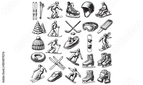 Winter Sports Icons Set Ski Snowboard Skating Hockey Equipment Vector Illustration
