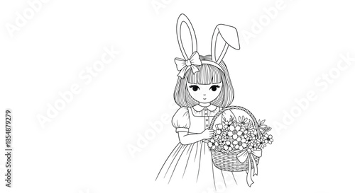 Charming black and white line art of a cute girl wearing bunny ears and a bow, holding a beautiful basket full of fresh flowers.