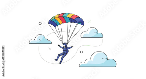 Person in a full blue jumpsuit enjoying a parachute jump with a vibrant rainbow-colored canopy, gliding peacefully through the clouds.