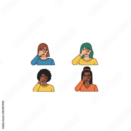 Diverse group of four people covering their eyes.