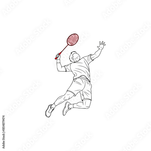 Dynamic tennis player mid air swing with racket.