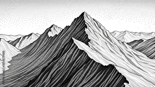 Detailed black and white mountain range landscape with rugged peaks, hills, and scenic view, illustration in stippling style