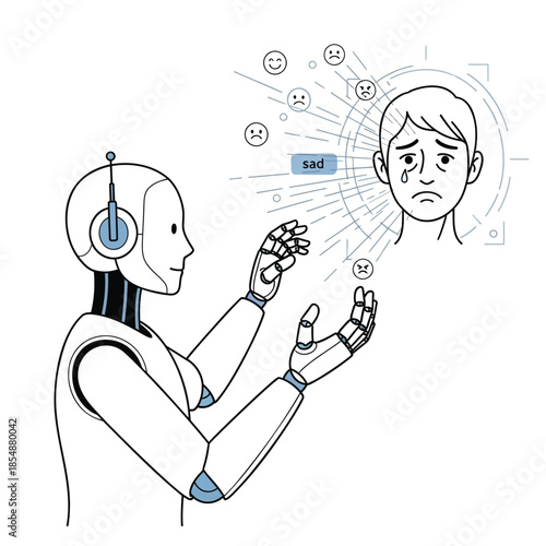 Robot analyzing human emotion and sadness using artificial intelligence
