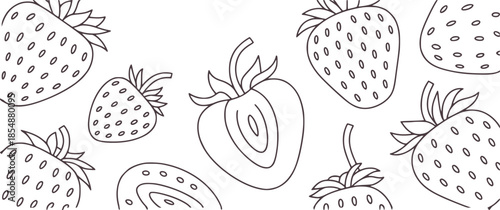 Black and white line of various strawberries in outline style