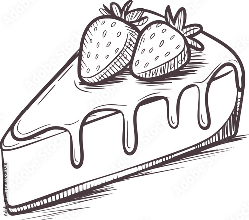 Hand drawn black and white line of a cheesecake slice with strawberries