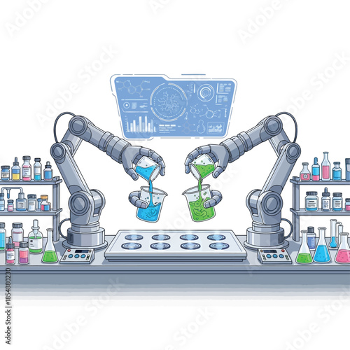 Robotic arms mixing chemicals in a modern laboratory setting