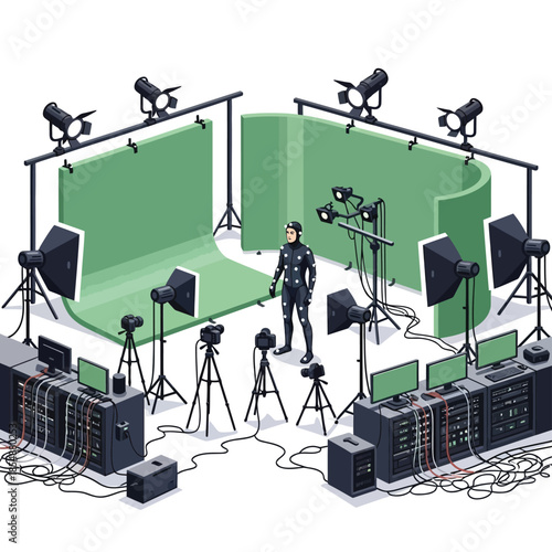 Motion capture studio setup with actor in full body suit