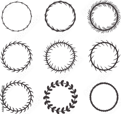 Nine black thorny circular wreaths in various styles