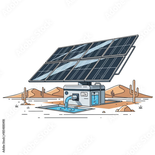 Solar powered water pump system in desert environment illustration
